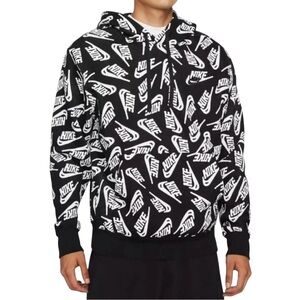 Nike Men Black and White Essentials All Over Logo Patterned Pullover Hoodie - L